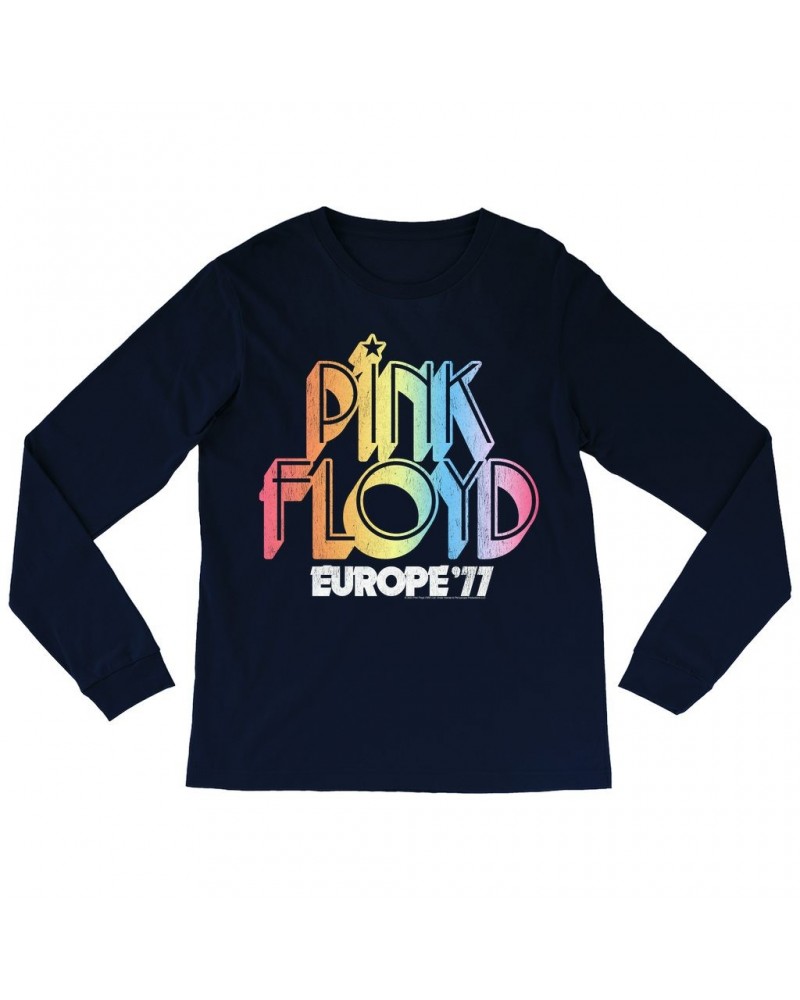 Pink Floyd Long Sleeve Shirt | Europe '77 Rainbow Ombre Tour Distressed Shirt $13.78 Shirts