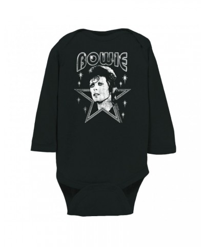 David Bowie Long Sleeve Bodysuit | White Vintage Retro Star Image Distressed Bodysuit $8.30 Shirts