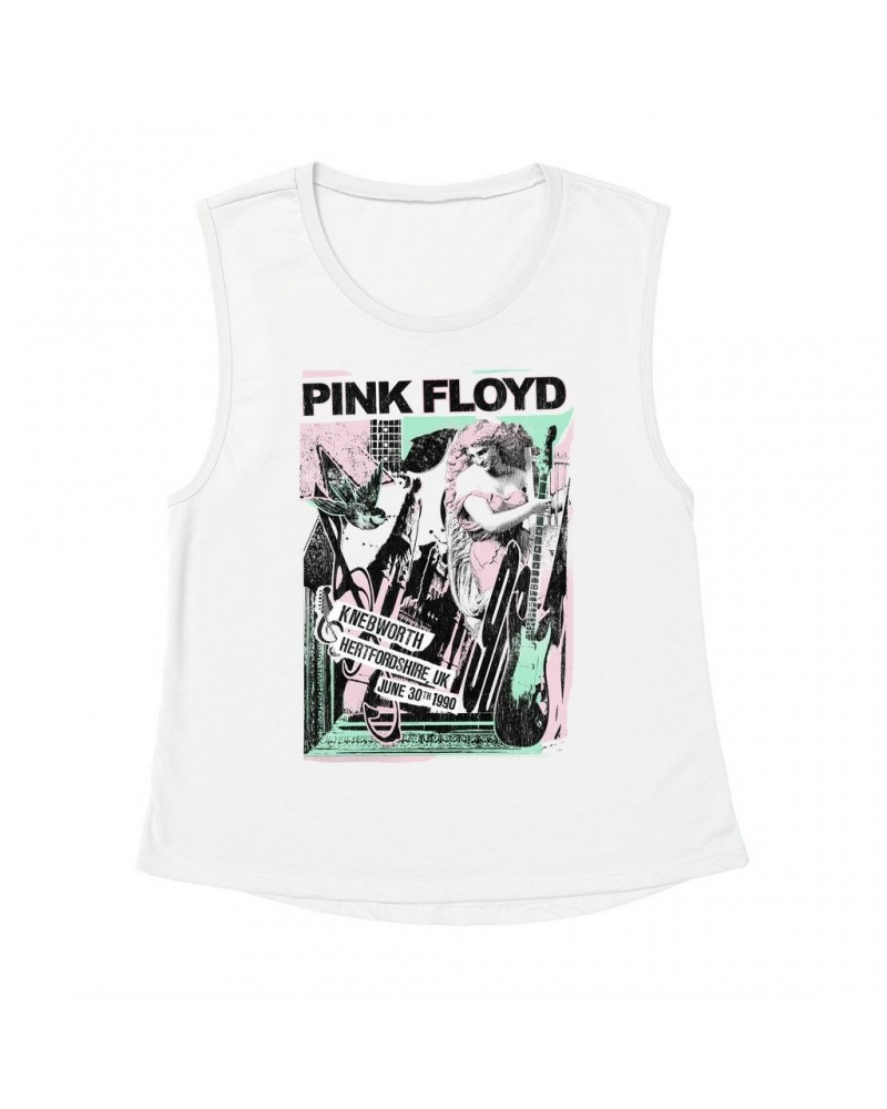 Pink Floyd Ladies' Muscle Tank Top | Live At Hertfordshire UK Pastel Collage Concert Poster Distressed Shirt $14.50 Shirts